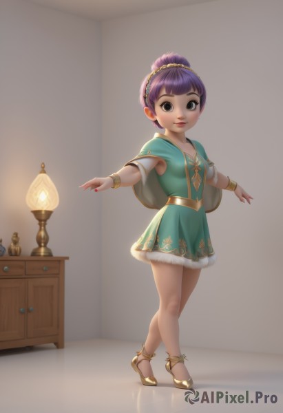 1girl,solo,looking at viewer,smile,short hair,simple background,white background,dress,jewelry,standing,full body,purple hair,indoors,hair bun,black eyes,bracelet,capelet,sandals,outstretched arms,child,realistic,lamp,tiptoes,breasts,shoes,pussy,cape,nail polish,fur trim,watermark,single hair bun,red nails,web address,green dress