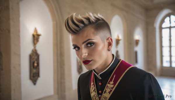 1girl,solo,looking at viewer,smile,short hair,blonde hair,brown hair,black hair,1boy,brown eyes,jewelry,closed mouth,upper body,male focus,multicolored hair,earrings,indoors,blurry,black eyes,two-tone hair,lips,window,makeup,depth of field,blurry background,lipstick,eyeshadow,realistic,red lips,very short hair,undercut,church,priest,grey hair,grey eyes,piercing,ear piercing,portrait,stud earrings,mohawk