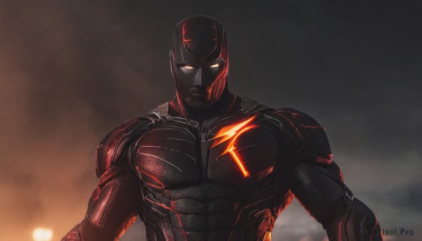 solo,looking at viewer,1boy,yellow eyes,upper body,male focus,bodysuit,mask,muscular,glowing,abs,pectorals,muscular male,glowing eyes,manly,white eyes,no pupils,superhero,armor,power armor,neon trim