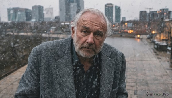 solo,looking at viewer,shirt,1boy,closed mouth,jacket,upper body,white hair,male focus,outdoors,collared shirt,blurry,black shirt,blurry background,facial hair,parody,formal,suit,ground vehicle,building,motor vehicle,beard,snow,meme,snowing,city,realistic,grey jacket,mustache,car,bald,manly,old,old man,photo background,blue eyes,grey hair,day,black jacket,grey eyes,depth of field,road,grey sky,wrinkled skin