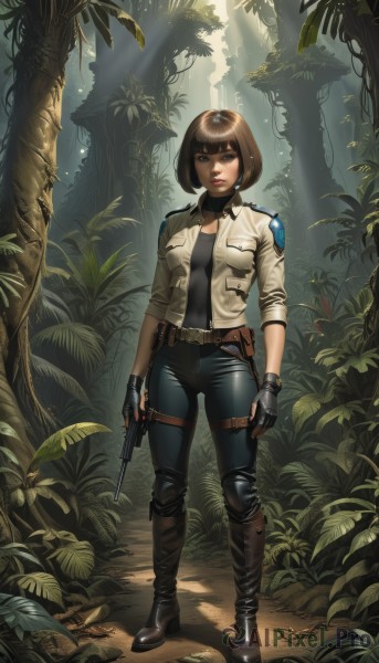 1girl,solo,breasts,looking at viewer,short hair,bangs,brown hair,shirt,gloves,holding,brown eyes,jewelry,medium breasts,standing,jacket,full body,weapon,earrings,boots,outdoors,parted lips,open clothes,choker,day,black gloves,belt,pants,blunt bangs,fingerless gloves,black footwear,holding weapon,open jacket,tree,lips,gun,black shirt,makeup,thigh strap,leaf,black pants,sunlight,bob cut,white jacket,knee boots,plant,denim,lipstick,holding gun,nature,handgun,sleeves rolled up,forest,cropped jacket,pouch,jeans,light rays,nose,red lips,holster,knee pads,leather,sunbeam,trigger discipline,dappled sunlight,thigh holster,closed mouth,nail polish,mole,high heels,brown footwear,high heel boots,belt pouch,leather boots