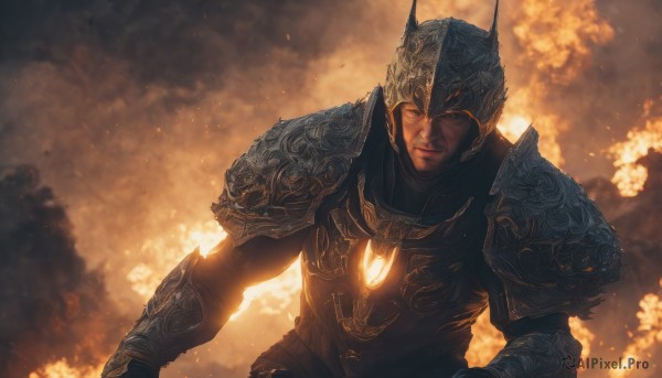 solo,looking at viewer,1boy,closed mouth,upper body,male focus,armor,glowing,scar,helmet,fire,shoulder armor,gauntlets,smoke,pauldrons,breastplate,fake horns,full armor,embers,burning