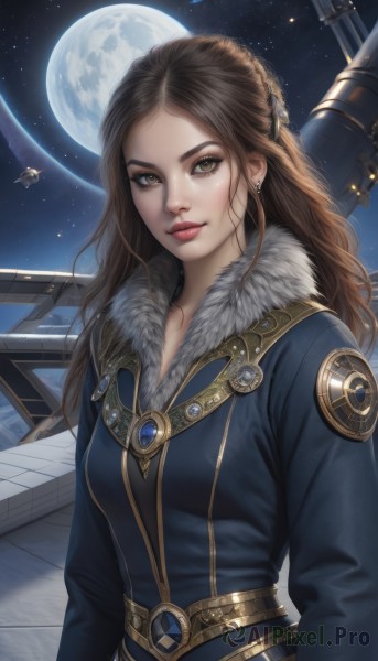 1girl,solo,long hair,breasts,looking at viewer,brown hair,long sleeves,brown eyes,jewelry,closed mouth,upper body,braid,earrings,sky,belt,lips,coat,fur trim,makeup,night,moon,star (sky),night sky,full moon,half updo,starry sky,fur collar,realistic,aircraft,nose,space,planet,blue coat,spacecraft,hair ornament,artist name,signature,parted bangs,watermark,wavy hair,lipstick,gem,emblem