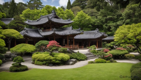 outdoors,sky,day,cloud,tree,blue sky,no humans,grass,building,nature,scenery,forest,rock,stairs,road,bush,wall,architecture,house,east asian architecture,shrine,path,stone lantern,plant,moss,pond