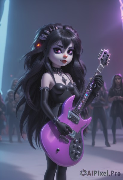 1girl,long hair,breasts,looking at viewer,smile,black hair,gloves,dress,holding,hair between eyes,bare shoulders,jewelry,very long hair,standing,purple eyes,pantyhose,small breasts,multiple boys,teeth,solo focus,choker,black gloves,elbow gloves,pink eyes,necklace,blurry,black dress,bracelet,lips,strapless,makeup,colored skin,piercing,cross,lipstick,instrument,pale skin,spikes,pendant,eyeshadow,lolita fashion,borrowed character,nose,music,gothic lolita,guitar,red lips,spiked bracelet,spiked collar,playing instrument,holding instrument,electric guitar,crowd,gothic,studded bracelet,solo,grey skin,black lips,lip piercing,eyebrow piercing