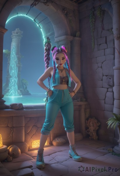 1girl,solo,long hair,breasts,looking at viewer,smile,navel,cleavage,bare shoulders,brown eyes,jewelry,medium breasts,standing,collarbone,full body,pink hair,purple hair,braid,multicolored hair,earrings,boots,open clothes,shoes,midriff,pants,dark skin,water,necklace,vest,twin braids,bracelet,dark-skinned female,lips,makeup,night,plant,lipstick,cross-laced footwear,hands on hips,red lips,pillar,statue,baggy pants,capri pants,multi-tied hair,dreadlocks,column,pants rolled up,shirt,closed mouth,blue hair,small breasts,alternate costume,artist name,hair bun,two-tone hair,official alternate costume,crop top,double bun,chain,piercing,sneakers,eyeshadow,bangle,ruins,arch,nose piercing