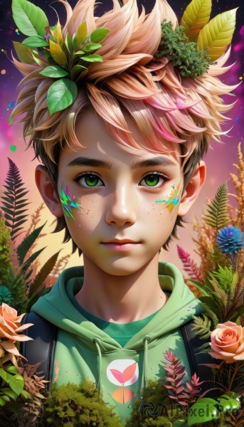 solo,looking at viewer,short hair,bangs,blonde hair,brown hair,hair ornament,1boy,closed mouth,green eyes,upper body,pink hair,flower,male focus,multicolored hair,outdoors,artist name,hood,lips,eyelashes,hoodie,rose,leaf,watermark,facial mark,thick eyebrows,hood down,plant,red flower,portrait,web address,freckles,blue flower,realistic,nose,drawstring,facepaint,green hoodie,star (symbol)