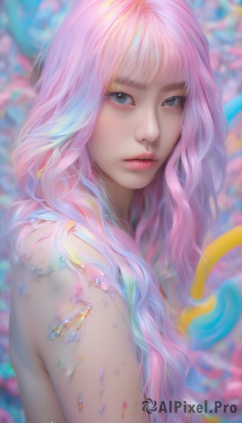 1girl,solo,long hair,looking at viewer,bangs,blue eyes,closed mouth,blue hair,upper body,pink hair,nude,multicolored hair,artist name,blunt bangs,blurry,from side,lips,grey eyes,eyelashes,gradient hair,makeup,blurry background,watermark,wavy hair,web address,eyeshadow,crystal,realistic,nose,expressionless,freckles,pink lips