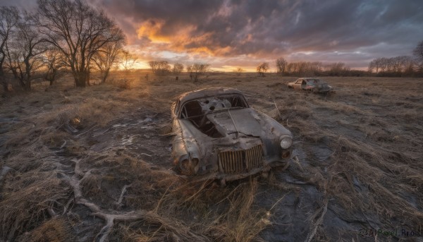 outdoors,sky,cloud,tree,no humans,cloudy sky,ground vehicle,nature,scenery,motor vehicle,forest,sunset,realistic,car,road,vehicle focus,bare tree,truck,water,grass,fire,ruins,damaged,tire