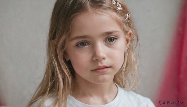 1girl,solo,long hair,looking at viewer,blonde hair,brown hair,shirt,hair ornament,closed mouth,white shirt,flower,hairclip,hair flower,blurry,lips,grey eyes,portrait,realistic,nose,brown eyes,grey background,eyelashes,depth of field,blurry background,expressionless,close-up,forehead