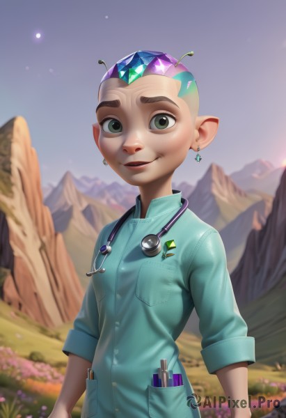 solo,looking at viewer,smile,short hair,1boy,jewelry,green eyes,upper body,flower,male focus,earrings,outdoors,sky,pointy ears,blurry,blurry background,gem,sleeves rolled up,freckles,pocket,mountain,male child,very short hair,badge,stethoscope,doctor,open mouth,teeth,artist name,thick eyebrows,antennae,bald,syringe