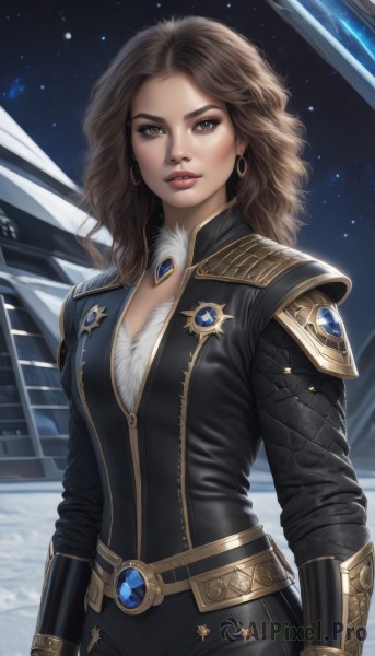 1girl,solo,long hair,breasts,looking at viewer,brown hair,gloves,long sleeves,cleavage,brown eyes,jewelry,medium breasts,earrings,parted lips,sky,belt,armor,lips,bodysuit,makeup,night,wavy hair,gem,star (sky),night sky,snow,starry sky,curly hair,gold trim,hoop earrings,realistic,nose,standing,jacket,upper body,cowboy shot,outdoors,artist name,signature,space