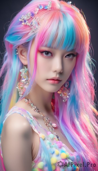 1girl,solo,long hair,breasts,looking at viewer,bangs,simple background,hair ornament,dress,bare shoulders,jewelry,medium breasts,closed mouth,blue hair,upper body,pink hair,flower,multicolored hair,earrings,sleeveless,hair flower,blunt bangs,necklace,black eyes,from side,two-tone hair,lips,streaked hair,gradient,grey eyes,gradient background,eyelashes,aqua hair,makeup,lipstick,black background,gem,eyeshadow,realistic,nose,eyeliner,mascara,rainbow hair,artist name,watermark,expressionless,piercing,ear piercing,multicolored clothes,pink lips,colorful,pearl (gemstone)