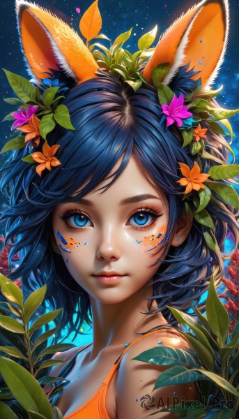 1girl,solo,breasts,looking at viewer,short hair,bangs,blue eyes,black hair,hair ornament,animal ears,bare shoulders,closed mouth,blue hair,collarbone,upper body,flower,shiny,artist name,hair flower,lips,fox ears,eyelashes,makeup,swept bangs,leaf,facial mark,tank top,plant,portrait,star (sky),eyeshadow,starry sky,freckles,pink lips,nose,facepaint,orange flower,mascara,cleavage,sky,sleeveless,pink flower,purple flower