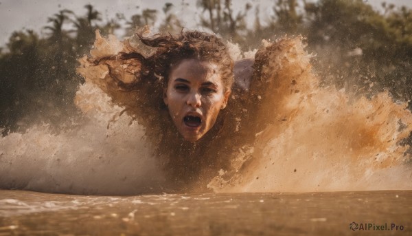 solo,long hair,open mouth,brown hair,1boy,closed eyes,male focus,outdoors,day,water,blurry,tree,blurry background,parody,facing viewer,partially submerged,realistic,looking at viewer,teeth,ocean,giant,fine art parody