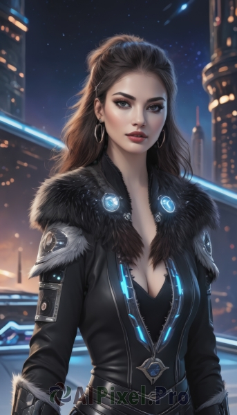 1girl,solo,long hair,breasts,looking at viewer,blue eyes,brown hair,black hair,gloves,long sleeves,cleavage,brown eyes,jewelry,medium breasts,jacket,upper body,earrings,outdoors,parted lips,sky,belt,artist name,mole,blurry,lips,coat,fur trim,eyelashes,bodysuit,makeup,night,glowing,lipstick,building,night sky,forehead,eyeshadow,zipper,fur collar,hoop earrings,city,realistic,nose,red lips,eyeliner,leather,city lights,star (sky),mole under mouth,starry sky,backlighting,science fiction,black bodysuit