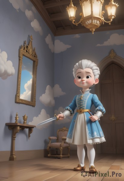 1girl,solo,looking at viewer,short hair,long sleeves,dress,holding,closed mouth,standing,full body,weapon,white hair,grey hair,pantyhose,sky,shoes,puffy sleeves,sword,cloud,indoors,holding weapon,black eyes,hand on hip,blue dress,chair,brown footwear,holding sword,table,cloudy sky,knife,child,white pantyhose,wooden floor,door,holding knife,lamp,dagger,picture frame,painting (object),old woman,blush,1boy,male focus,artist name,window,aged down,male child