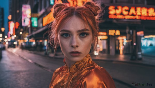 1girl,solo,looking at viewer,short hair,blue eyes,brown hair,jewelry,upper body,braid,earrings,outdoors,parted lips,hair bun,orange hair,blurry,lips,double bun,night,depth of field,blurry background,chinese clothes,portrait,freckles,city,realistic,nose,road,orange shirt,street,open mouth,bangs,teeth,parted bangs,building,city lights,neon lights