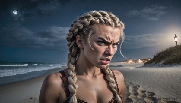 1girl,solo,long hair,breasts,looking at viewer,blue eyes,blonde hair,cleavage,bare shoulders,jewelry,medium breasts,underwear,collarbone,upper body,braid,earrings,outdoors,parted lips,sky,teeth,cloud,water,bra,twin braids,lips,night,ocean,beach,moon,black bra,star (sky),night sky,hair over shoulder,full moon,starry sky,realistic,nose,sand,lamppost,lighthouse,makeup,scar,piercing,lipstick,angry,dirty,mascara