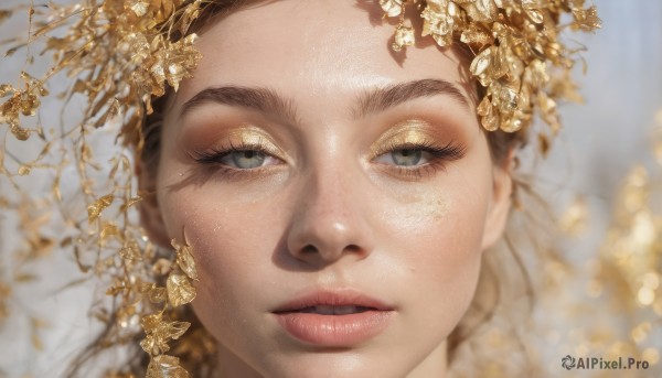 1girl,solo,long hair,looking at viewer,blue eyes,brown hair,hair ornament,parted lips,blurry,lips,grey eyes,eyelashes,makeup,depth of field,blurry background,portrait,close-up,freckles,realistic,nose,red lips,smile,blonde hair,jewelry,earrings,teeth,half-closed eyes,eyeshadow,gold