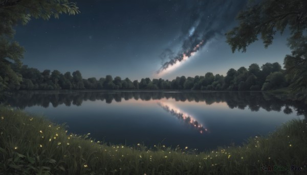 outdoors,sky,cloud,water,tree,no humans,night,grass,plant,star (sky),nature,night sky,scenery,forest,starry sky,reflection,river,lake,fireflies,reflective water,fire