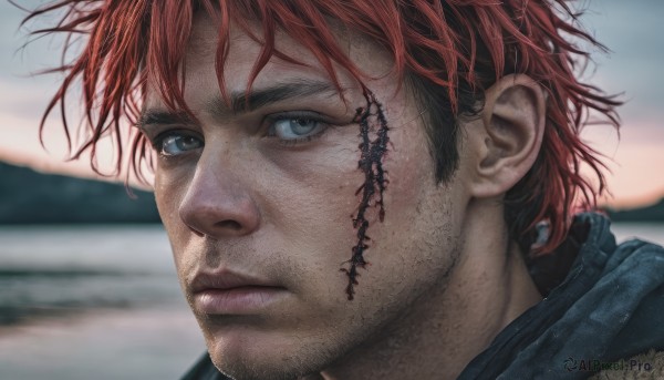 solo,looking at viewer,short hair,blue eyes,black hair,1boy,closed mouth,male focus,red hair,multicolored hair,outdoors,blurry,lips,grey eyes,blurry background,facial hair,scar,portrait,scar on face,realistic,nose,sky,scarf,tattoo,expressionless,wind,messy hair,close-up,stubble