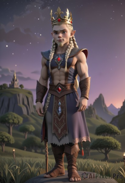 solo,long hair,looking at viewer,blue eyes,blonde hair,1boy,navel,jewelry,standing,full body,braid,male focus,boots,outdoors,sky,pointy ears,armor,twin braids,tree,muscular,night,abs,sandals,grass,crown,elf,star (sky),night sky,starry sky,fantasy,bracer,1girl,lips,brown footwear,gem,nose,muscular female,toeless footwear