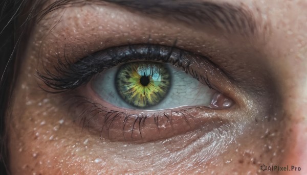 solo,looking at viewer,bangs,1boy,green eyes,yellow eyes,male focus,blurry,eyelashes,close-up,1other,reflection,realistic,eye focus,black hair,light particles,freckles