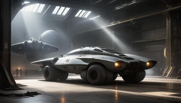 HQ,indoors,signature,military,no humans,window,sunlight,ground vehicle,scenery,motor vehicle,science fiction,light rays,realistic,aircraft,car,light,vehicle focus,spacecraft,reflection,military vehicle,airplane,sunbeam,jet