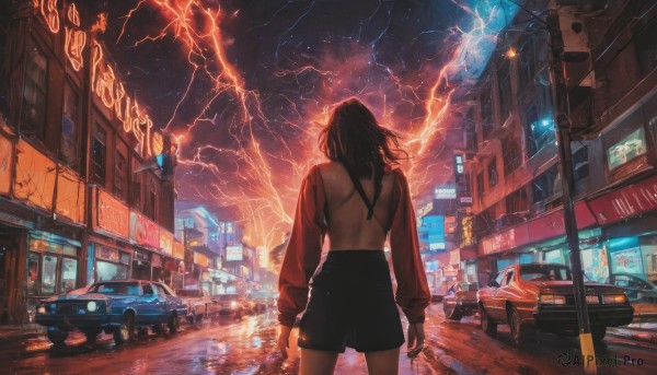 1girl,solo,long hair,skirt,shirt,black hair,long sleeves,holding,standing,outdoors,sky,black skirt,medium hair,from behind,night,back,ground vehicle,building,star (sky),night sky,scenery,motor vehicle,reflection,rain,city,sign,arms at sides,electricity,facing away,car,road,lamppost,street,skyscraper,lightning,road sign,broken glass,neon lights,sports car,cowboy shot,shorts,solo focus,cloud,light,cityscape,dark,power lines,city lights,traffic light,crosswalk