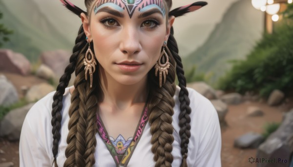 1girl,solo,long hair,looking at viewer,brown hair,shirt,black hair,brown eyes,jewelry,closed mouth,white shirt,upper body,braid,earrings,outdoors,day,necklace,blurry,twin braids,lips,eyelashes,makeup,depth of field,blurry background,feathers,portrait,hair over shoulder,freckles,rock,realistic,nose,feather hair ornament,multiple braids,hair ornament