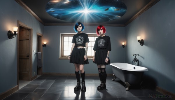 looking at viewer,smile,short hair,bangs,multiple girls,skirt,shirt,black hair,red eyes,thighhighs,2girls,jewelry,closed mouth,blue hair,standing,short sleeves,pantyhose,red hair,multicolored hair,pleated skirt,earrings,boots,shoes,choker,socks,indoors,black skirt,black footwear,black eyes,bracelet,two-tone hair,streaked hair,torn clothes,kneehighs,black shirt,window,tattoo,makeup,piercing,bob cut,ring,knee boots,cross,t-shirt,ear piercing,fishnets,black nails,spikes,cross-laced footwear,reflection,mirror,door,tiles,print shirt,spiked bracelet,bathroom,bathtub,pentagram,open door,gothic,sink,black lips,lip piercing,blue eyes,full body,miniskirt,hair over one eye,collar,black choker,lamp,wide shot,ceiling,ceiling light