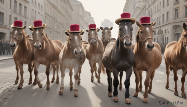 hat,outdoors,day,no humans,shadow,animal,building,scenery,red headwear,top hat,city,road,animal focus,horse,street,cow