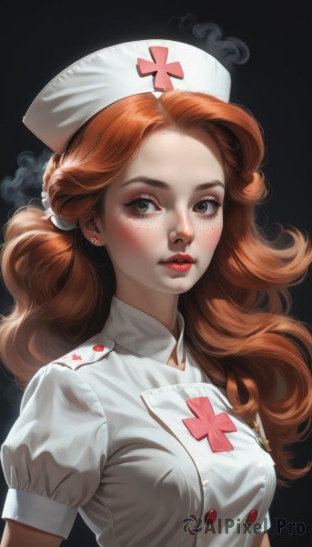 1girl,solo,long hair,breasts,looking at viewer,blush,simple background,brown hair,hat,brown eyes,jewelry,medium breasts,upper body,short sleeves,earrings,parted lips,puffy sleeves,orange hair,puffy short sleeves,lips,eyelashes,makeup,buttons,wavy hair,cross,black background,smoke,freckles,curly hair,pocket,realistic,nose,nurse cap,red lips,stud earrings,nurse,red cross,lipstick