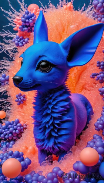 solo,looking at viewer,closed mouth,full body,food,water,black eyes,pokemon (creature),no humans,fruit,blue background,realistic,animal focus,multicolored background,grapes,food focus,blueberry,signature,animal,watermark,looking up,web address,orange (fruit)