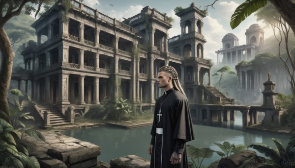 1girl,solo,long hair,smile,black hair,long sleeves,1boy,jewelry,standing,closed eyes,braid,male focus,earrings,outdoors,sky,day,cloud,water,necklace,tree,tattoo,bird,leaf,cloudy sky,cross,plant,building,scenery,robe,fantasy,architecture,cross necklace,ruins,bridge,arch,moss,black robe,priest,looking at viewer,closed mouth,grey hair,black eyes,black dress,sunlight,rock,stairs,arms at sides