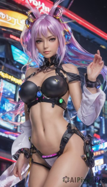 1girl,solo,long hair,breasts,looking at viewer,bangs,large breasts,hair ornament,navel,animal ears,cleavage,bare shoulders,twintails,brown eyes,jewelry,medium breasts,underwear,standing,swimsuit,pink hair,purple hair,bikini,thighs,cowboy shot,parted lips,detached sleeves,midriff,hand up,stomach,rabbit ears,blurry,lips,see-through,blurry background,headgear,revealing clothes,realistic,weapon,grey eyes,night,science fiction,holster,cyberpunk,neon lights