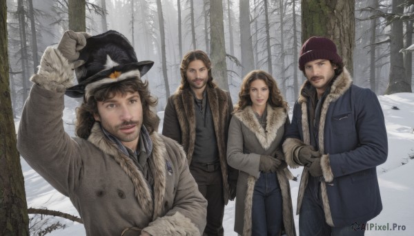 1girl,long hair,looking at viewer,smile,open mouth,multiple girls,blonde hair,brown hair,shirt,gloves,long sleeves,hat,brown eyes,closed mouth,standing,jacket,outdoors,parted lips,multiple boys,open clothes,day,black gloves,collared shirt,pants,signature,2boys,star (symbol),scarf,arm up,dated,tree,lips,coat,fur trim,black shirt,black headwear,witch hat,facial hair,black pants,3boys,denim,nature,beard,snow,brown gloves,forest,4boys,realistic,mustache,beanie,winter clothes,winter,grey gloves,bare tree,blue coat,bangs,2girls,jewelry,:d,teeth,belt,mole,black eyes,vest,open jacket,bird,pointing,blue jacket,open coat,black coat,jeans,adjusting clothes,stubble,blue pants,fur-trimmed sleeves,fur-trimmed coat,brown coat,winter coat,grey coat