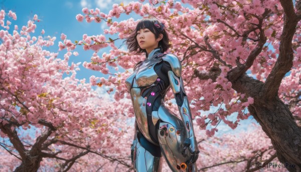 1girl, solo, breasts, short hair, bangs, brown hair, black hair, hair ornament, holding, standing, closed eyes, flower, cowboy shot, outdoors, parted lips, sky, day, tree, blue sky, lips, bodysuit, helmet, cherry blossoms, headwear removed, science fiction, realistic, nose, pilot suit, helmet removed, holding helmet