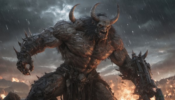 solo,red eyes,1boy,holding,weapon,male focus,outdoors,horns,sky,teeth,cloud,holding weapon,armor,wet,gun,muscular,glowing,colored skin,fangs,cloudy sky,fire,muscular male,holding gun,glowing eyes,claws,rifle,spikes,rain,veins,topless male,skull,monster,giant,demon,open mouth,no humans,abs,mountain,orc