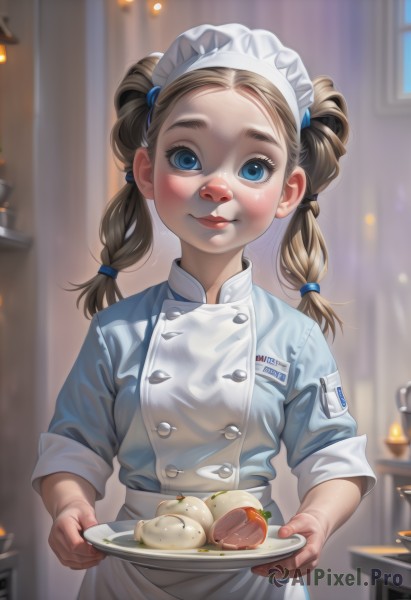 1girl,solo,long hair,breasts,looking at viewer,blush,smile,blue eyes,blonde hair,brown hair,holding,twintails,closed mouth,upper body,braid,food,indoors,blurry,apron,twin braids,lips,maid,maid headdress,window,buttons,depth of field,blurry background,plate,hair tie,red lips,female child,holding plate,chef,fruit,thick eyebrows,tray,freckles,realistic,nose,name tag,holding tray