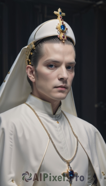 solo,looking at viewer,short hair,blue eyes,black hair,1boy,hat,jewelry,closed mouth,white shirt,upper body,male focus,necklace,blurry,black eyes,white headwear,cross,gem,veil,realistic,nun,habit,very short hair,cross necklace,priest,simple background,facial hair,black background