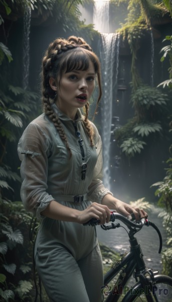 1girl,solo,long hair,looking at viewer,open mouth,bangs,blue eyes,brown hair,brown eyes,jewelry,standing,braid,cowboy shot,earrings,outdoors,parted lips,teeth,day,belt,pants,water,necklace,twin braids,lips,wet,sunlight,plant,ground vehicle,nature,realistic,nose,jumpsuit,bicycle,waterfall,breasts,shirt,black hair,long sleeves,small breasts,artist name,black eyes,tree,leaf