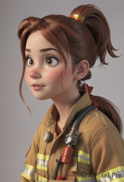 1girl,solo,long hair,blush,simple background,brown hair,hair ornament,brown eyes,jacket,upper body,ponytail,parted lips,grey background,uniform,lips,military,freckles,nose,bangs,teeth,blurry,eyelashes,pocket,realistic,hair tie,patch