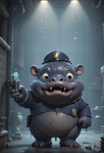 solo,looking at viewer,smile,open mouth,1boy,hat,holding,standing,full body,weapon,male focus,teeth,uniform,wet,fangs,plant,furry,blue headwear,lamp,furry male,police,police uniform,police hat,alley,flashlight,artist name,water,black eyes,no humans,leaf,sharp teeth,zipper,water drop,walkie-talkie