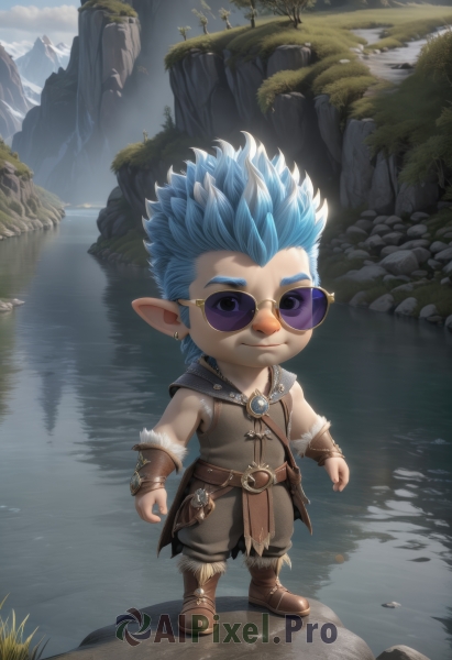 solo,looking at viewer,smile,short hair,shirt,1boy,jewelry,closed mouth,blue hair,standing,full body,male focus,earrings,boots,outdoors,sky,glasses,sleeveless,day,pointy ears,belt,pants,artist name,cloud,water,chibi,tree,fur trim,brown footwear,sunglasses,grass,spiked hair,reflection,rock,mountain,fantasy,round eyewear,lake,cliff,blue eyes,piercing,brooch,brown belt,river