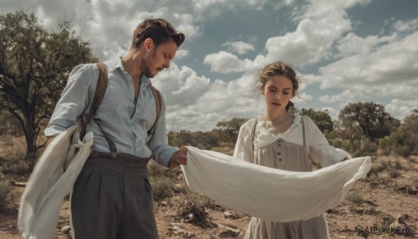 1girl,smile,short hair,brown hair,shirt,black hair,long sleeves,1boy,dress,holding,closed mouth,standing,closed eyes,white shirt,outdoors,sky,day,collared shirt,pants,cloud,bag,white dress,looking at another,tree,blue sky,lips,dress shirt,buttons,facial hair,black pants,suspenders,cloudy sky,child,nature,scenery,beard,sleeves rolled up,rock,paper,realistic,jacket removed,map,dark skin,goatee,very short hair,father and daughter