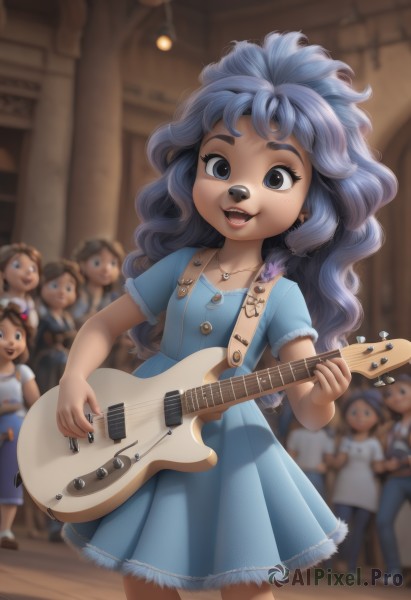 1girl,long hair,looking at viewer,smile,open mouth,blue eyes,multiple girls,dress,holding,jewelry,blue hair,standing,short sleeves,:d,earrings,multiple boys,teeth,solo focus,artist name,indoors,necklace,nail polish,blurry,black eyes,depth of field,blurry background,blue dress,fangs,upper teeth only,wavy hair,short dress,piercing,instrument,child,black nails,pendant,curly hair,music,guitar,female child,playing instrument,holding instrument,electric guitar,bass guitar,plectrum,buck teeth,collarbone,6+girls