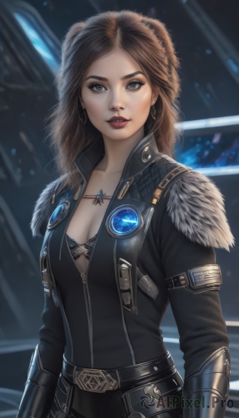 1girl,solo,long hair,breasts,looking at viewer,brown hair,cleavage,brown eyes,jewelry,medium breasts,underwear,jacket,upper body,earrings,parted lips,belt,necklace,bra,armor,blurry,lips,grey eyes,fur trim,makeup,blurry background,lipstick,realistic,nose,red lips,leather,bangs,collarbone,black jacket,parted bangs,bodysuit,black bra,pendant,zipper,hoop earrings