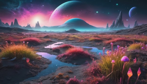 flower,outdoors,sky,cloud,water,tree,no humans,night,moon,grass,star (sky),nature,night sky,scenery,starry sky,reflection,rock,mountain,fantasy,field,planet,river,landscape,mountainous horizon,lake,plant,sunset,crescent moon